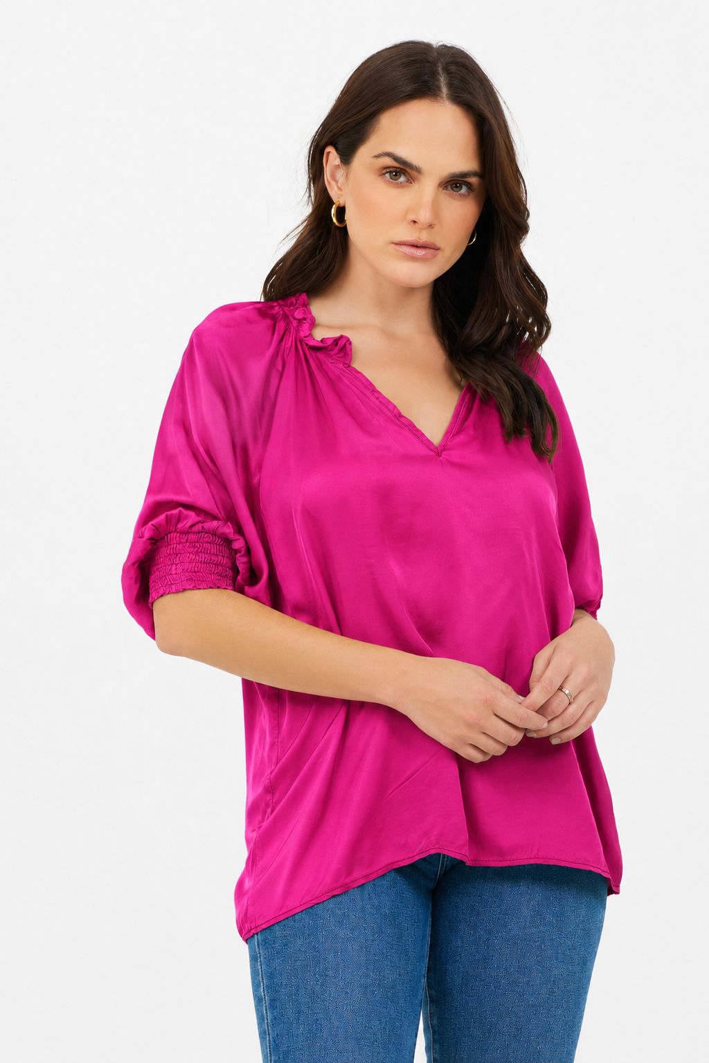 Portia Satin Ruffle V Neck Top