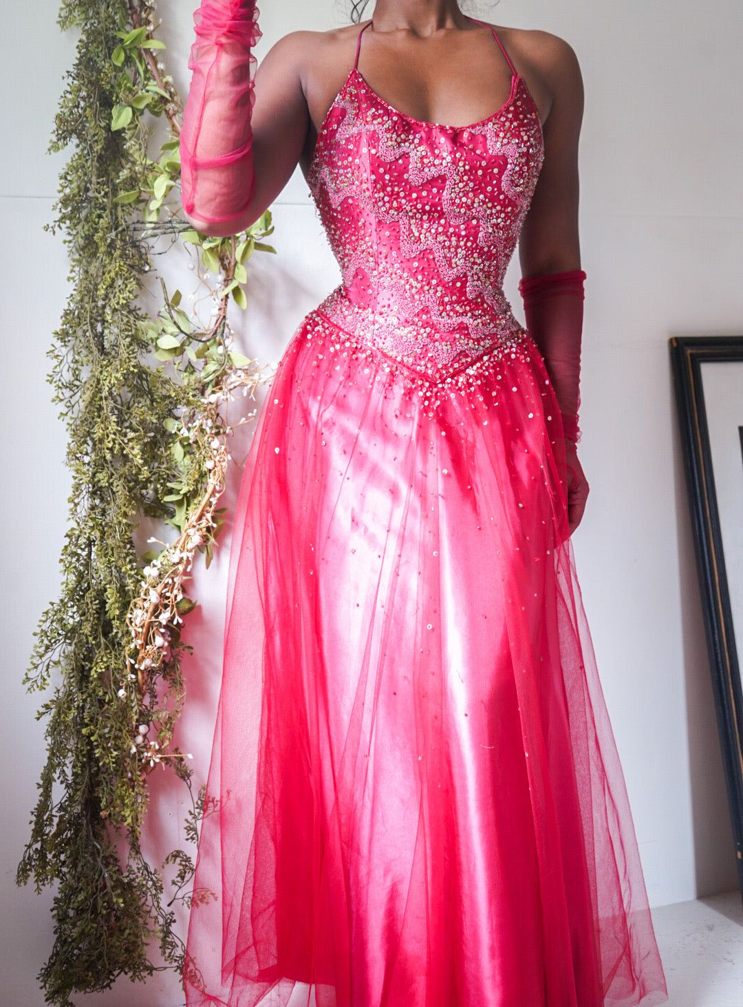 Red Beaded Corset Gown