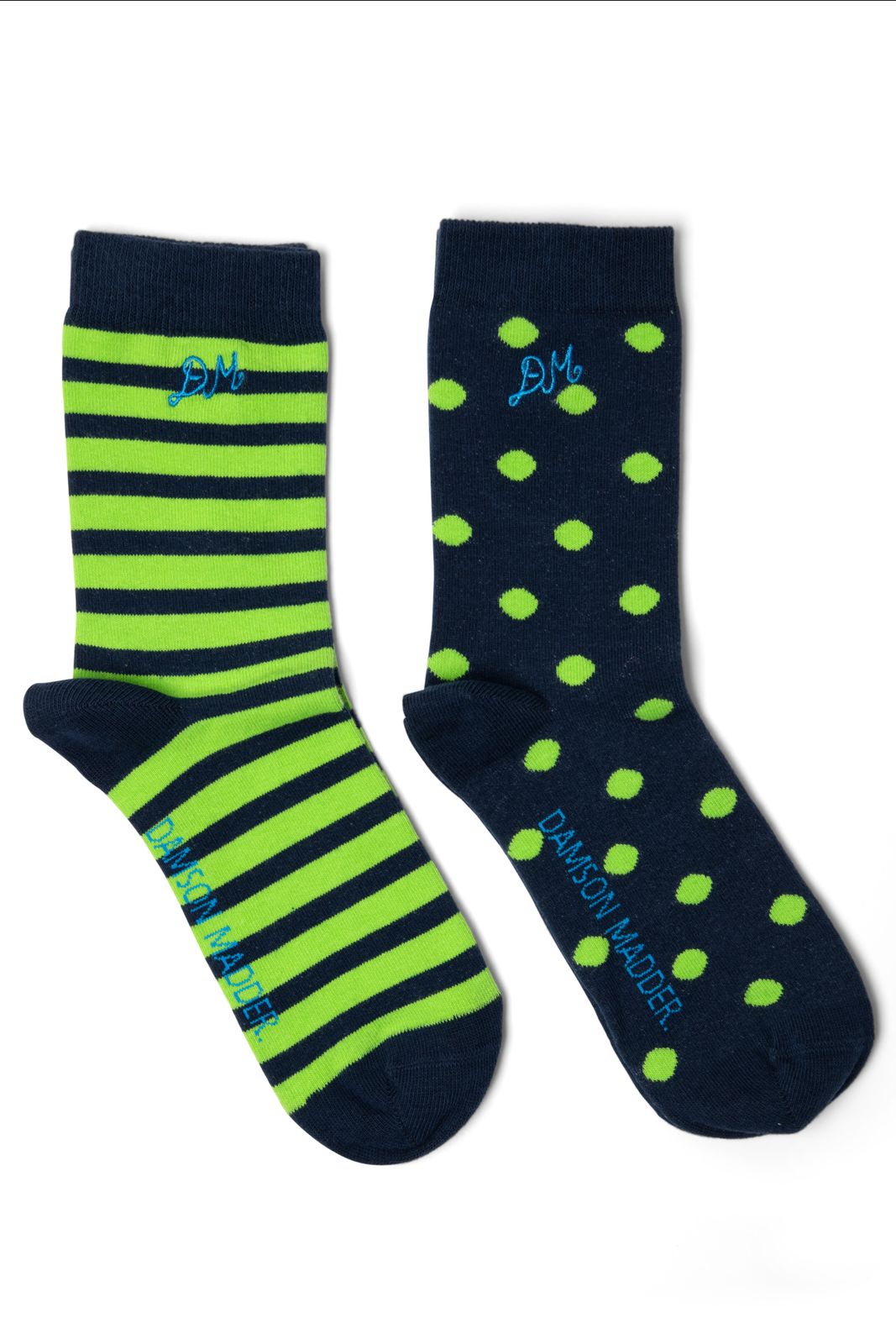 2 Pack Calf Length Socks - Navy/green Stripe/spot