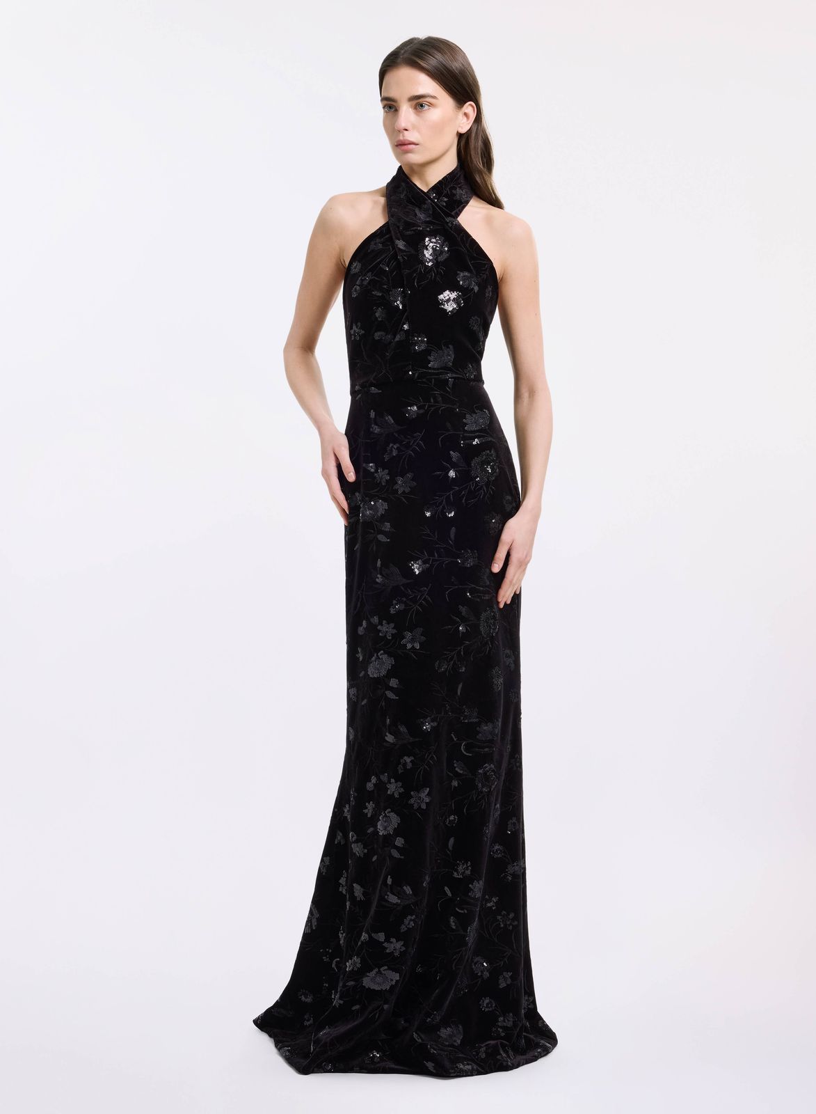 Halter-Neck Embroidered Velvet Dress