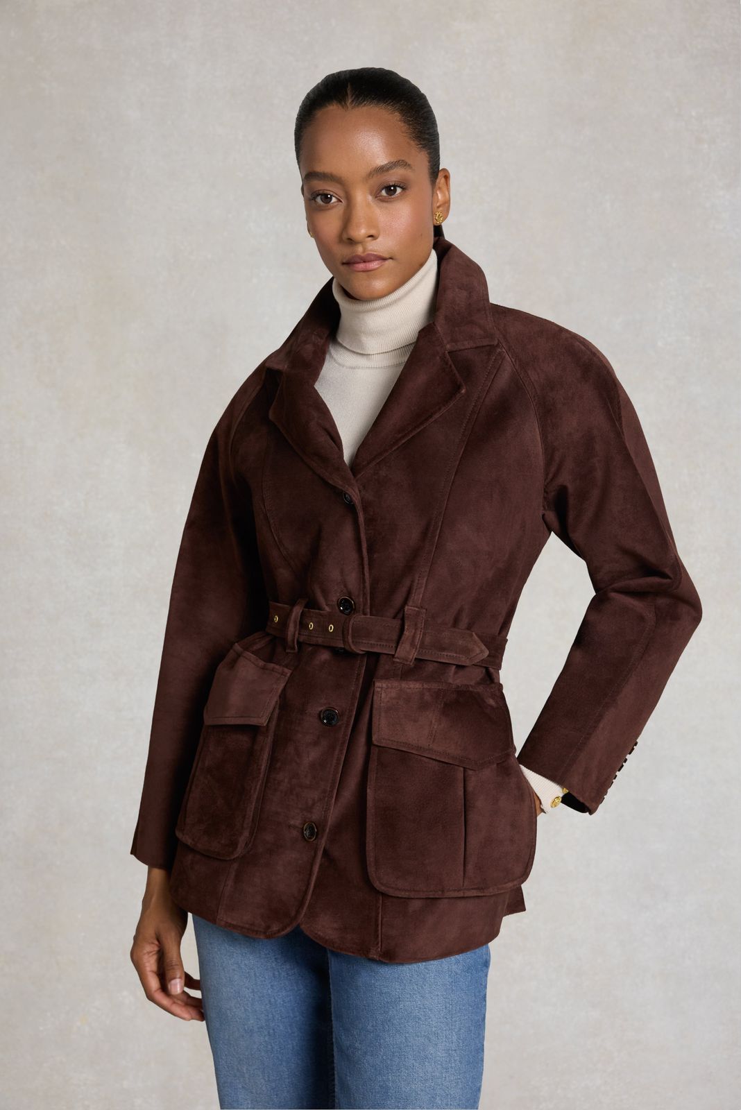 Cotswold Belted Jacket (Chocolate Suede)