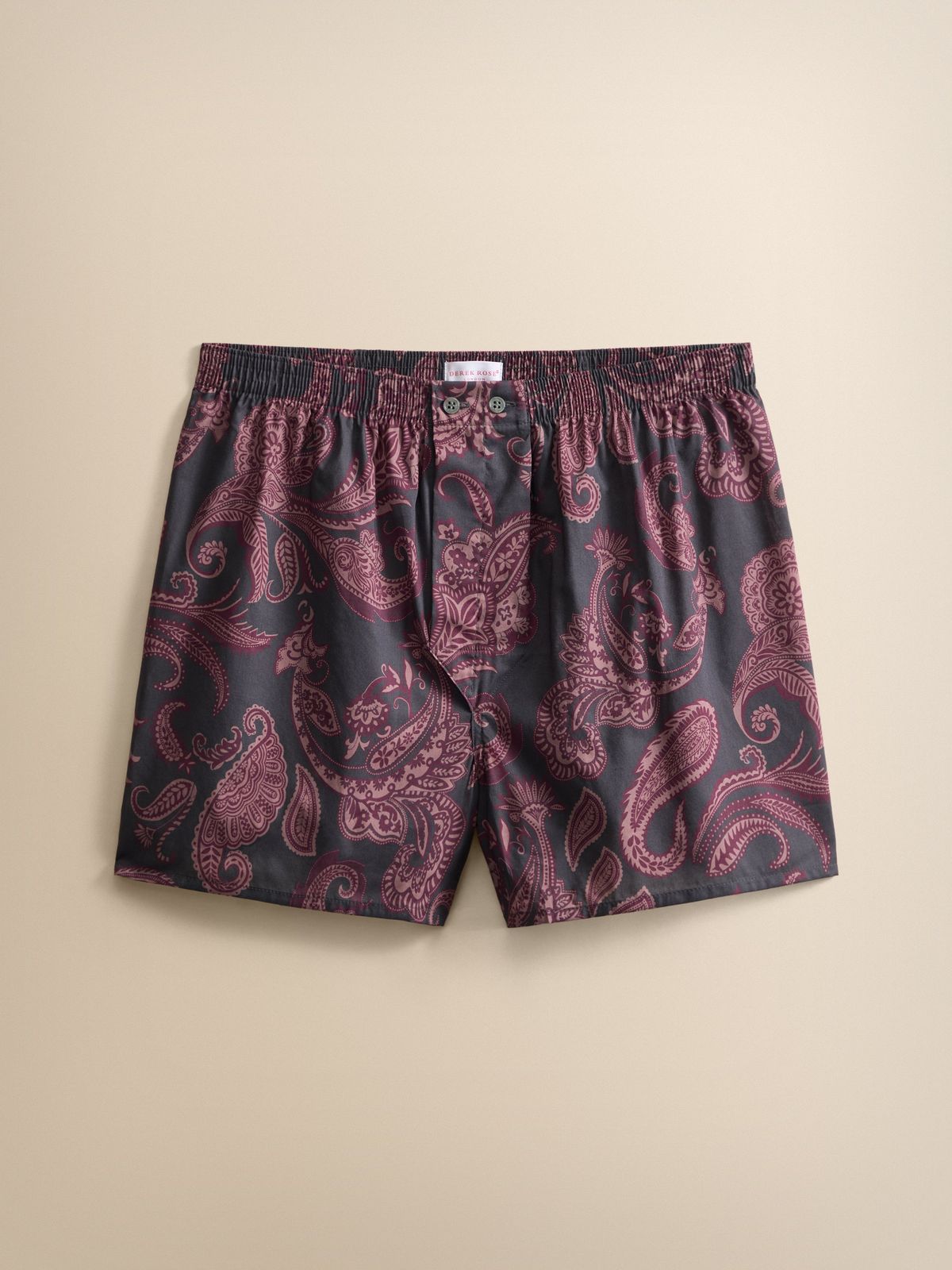 Ledbury Cotton Batiste Classic Fit Boxers Night Grey & Wine Paisley