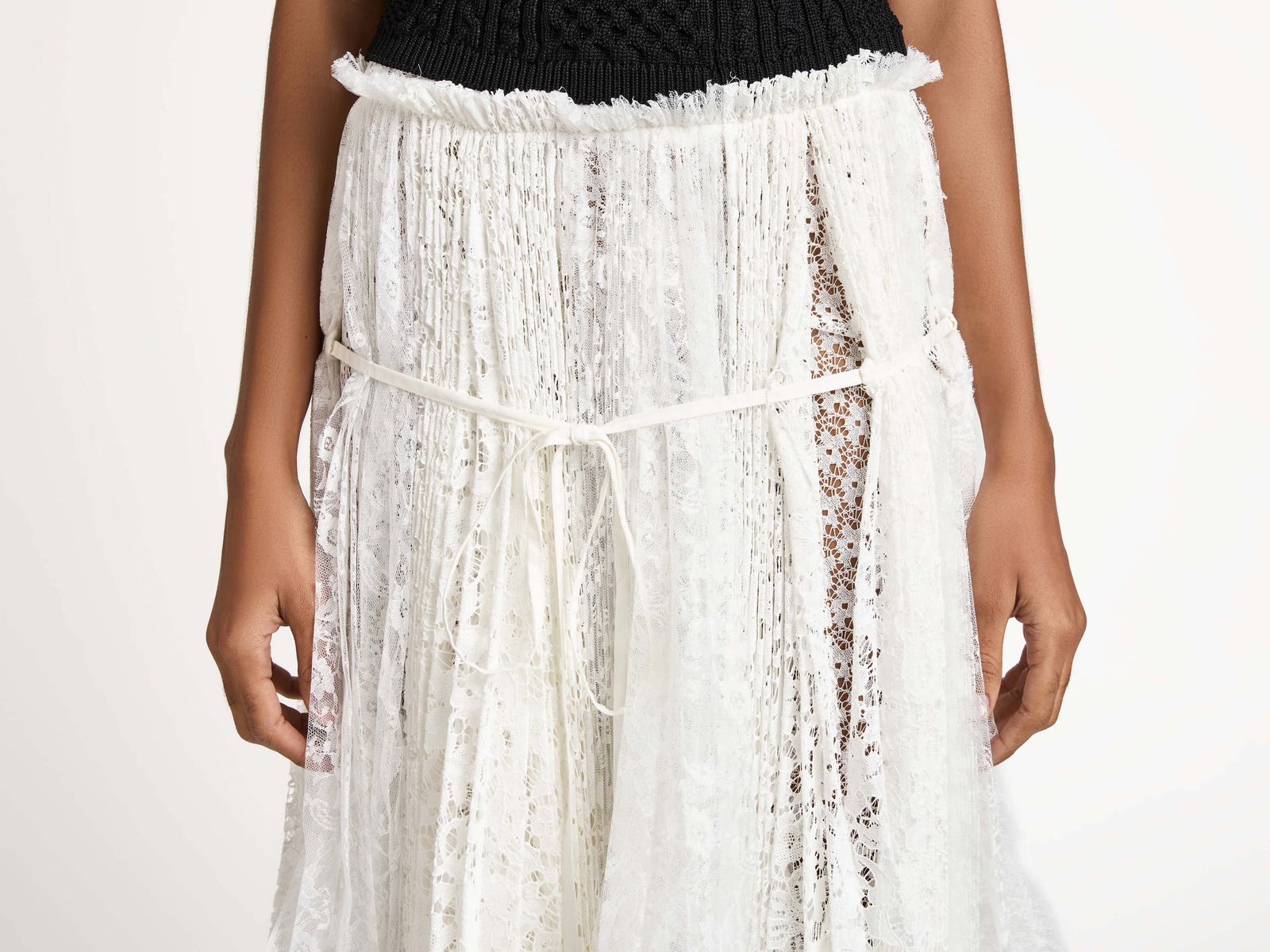 WOMENS MIXED LACE LONGLINE SKIRT IN WHITE