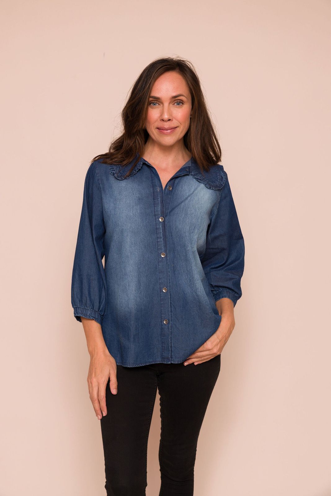 Tamara Lightweight Denim Shirt With Frill Collar