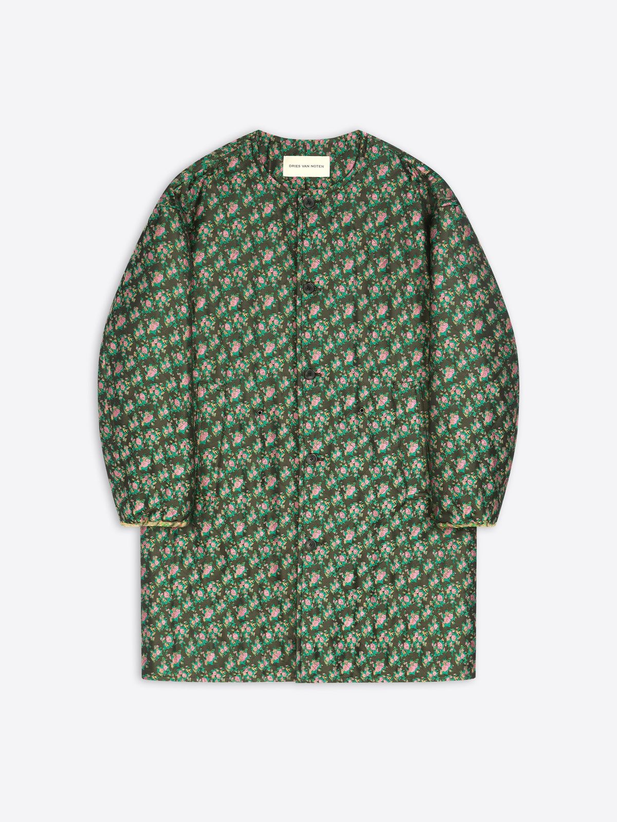 Collarless jacquard coat