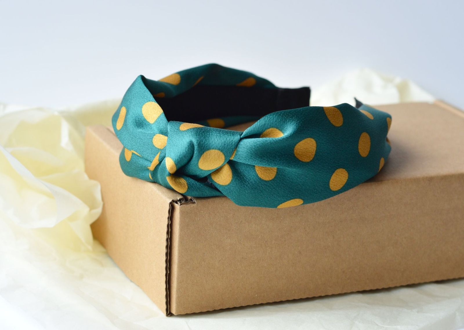 Polka Dot Rigid Headband Jade Green Silky Fabric With Mustard Yellow Spots