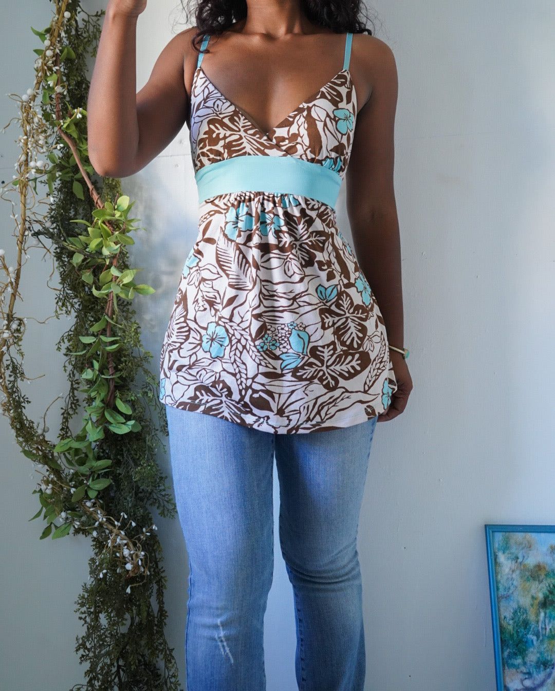 Turquoise and Brown Y2K Tie Back Babydoll Top