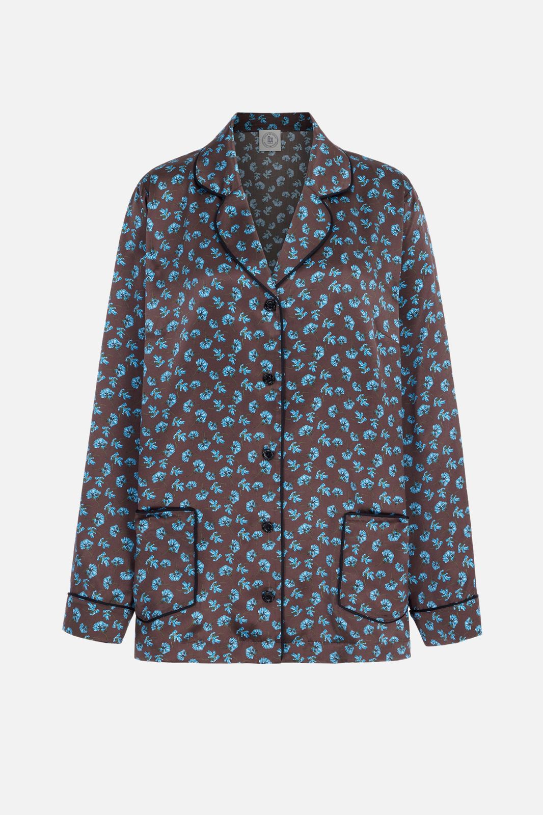 Trina Shirt In Ditsy Blue Marigold On Chocolate Silk Satin