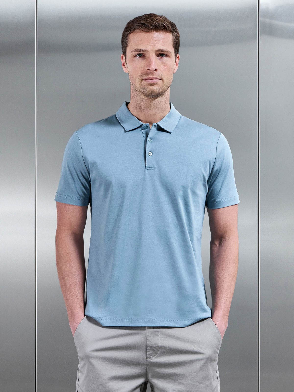 Mercerised Interlock Button Polo Shirt in Light Blue