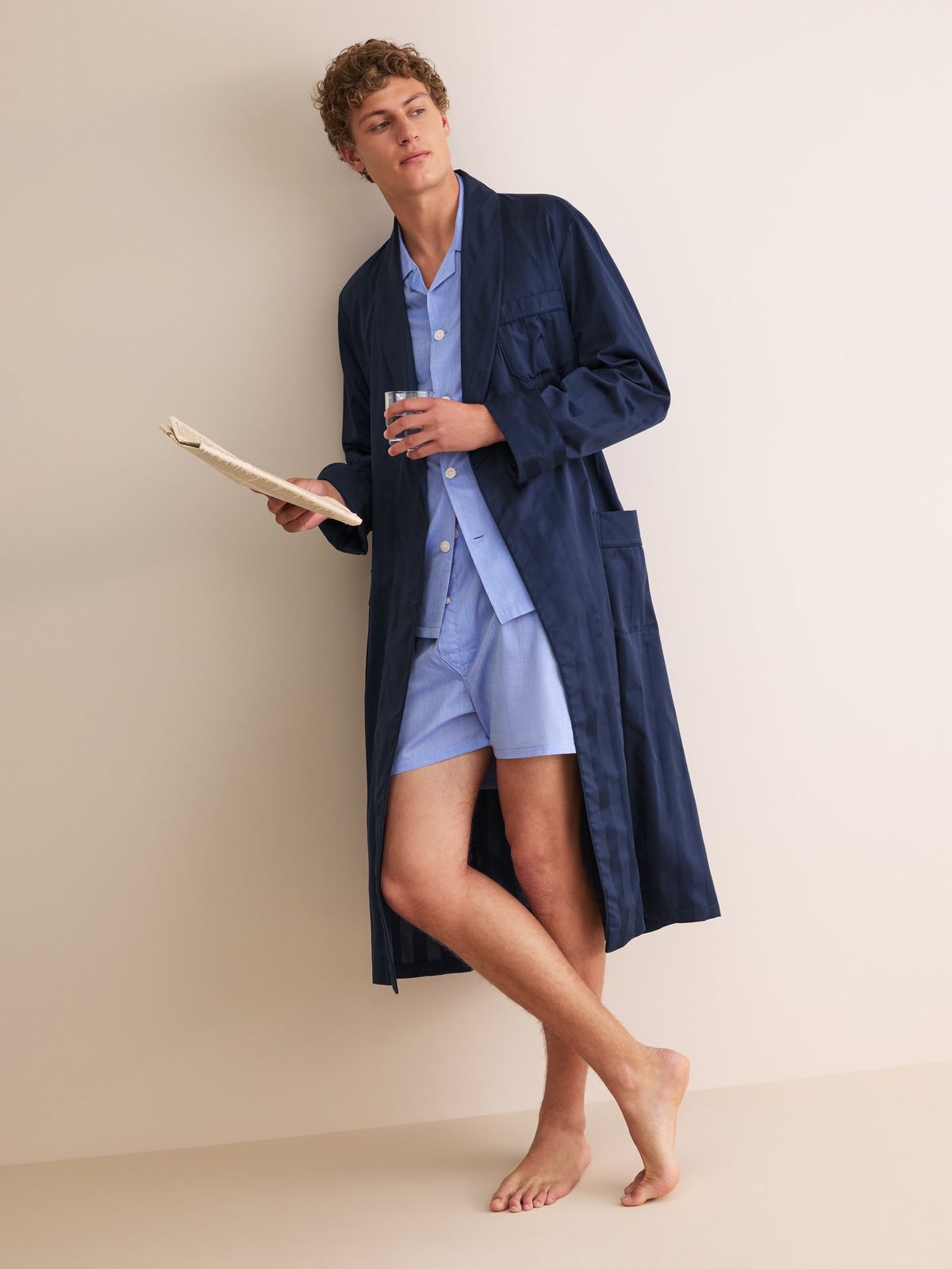 Lingfield Cotton Dressing Gown Navy Blue Stripe