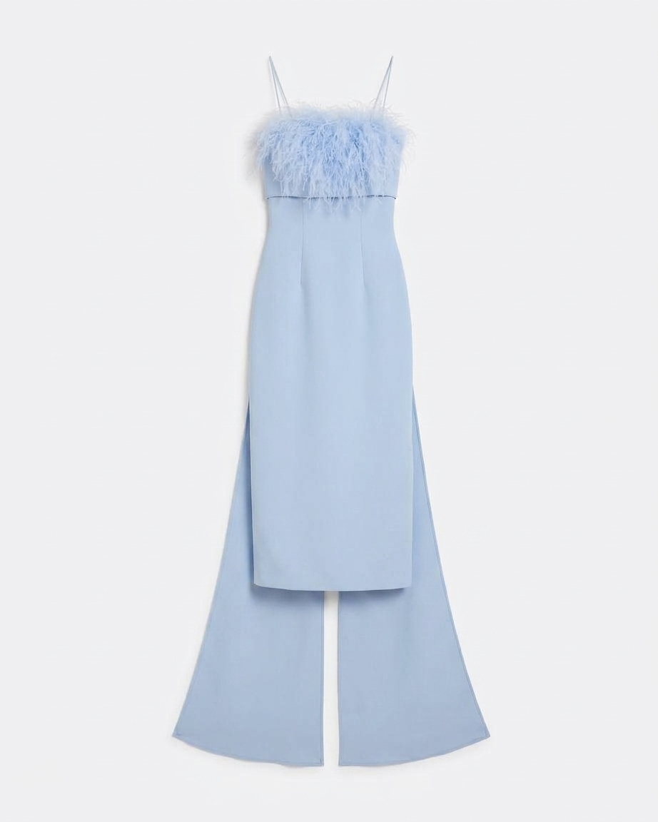 Krista Harness With Aerine Midi Dress In Soft Sky With Feathers