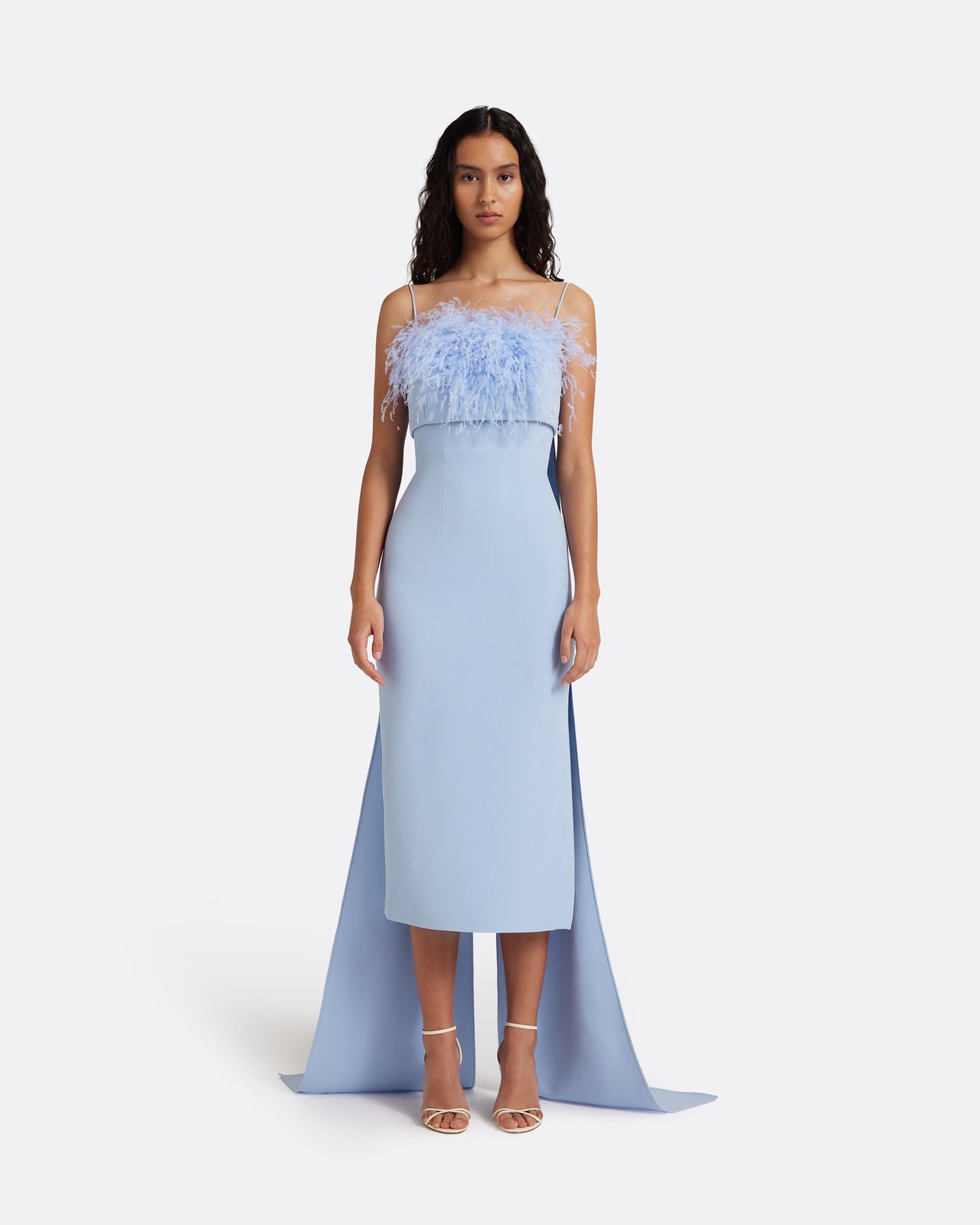 Krista Harness with Aerine Midi Dress in Soft Sky with Feathers