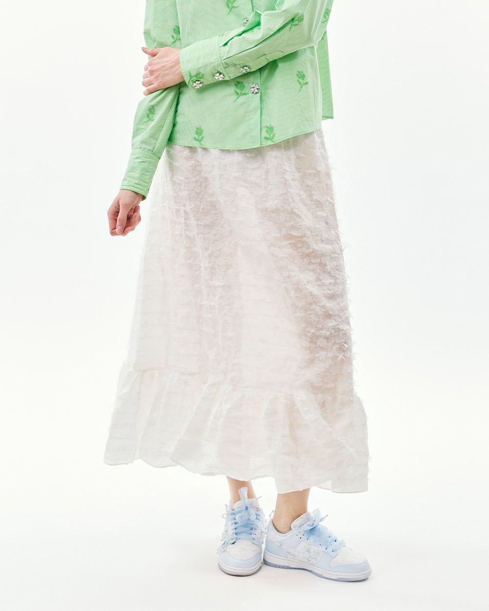 LASER-CUT FLOWER MIDI RUFFLE SKIRT