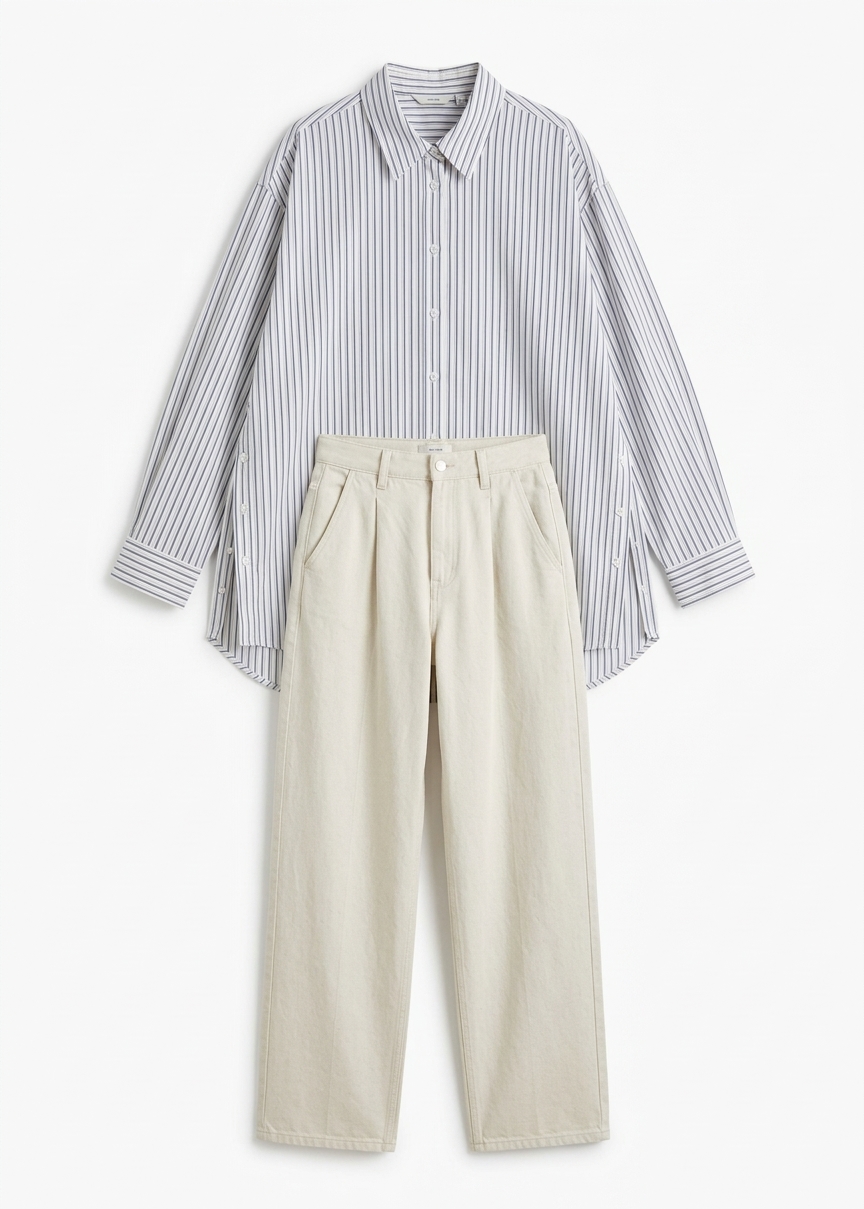 Rilly Adjustable Side Slit Shirt - Ivory Multi Stripe