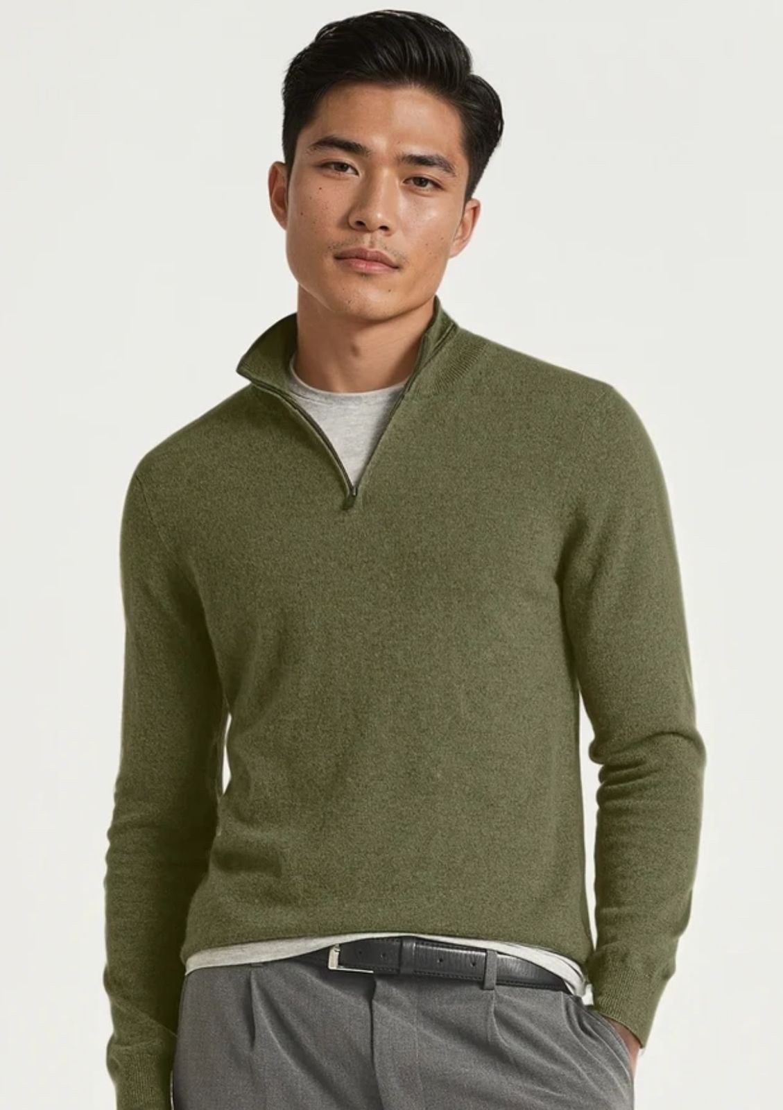 Mens Cashmere Half Zip Sweater in Bayleaf Green