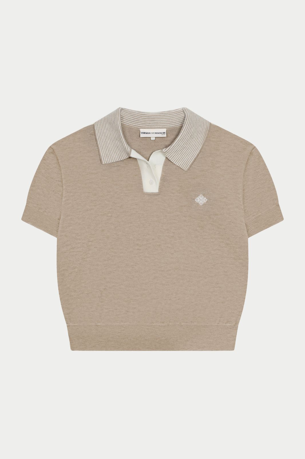 KNITTED COLLAR POLO TOP - BEIGE