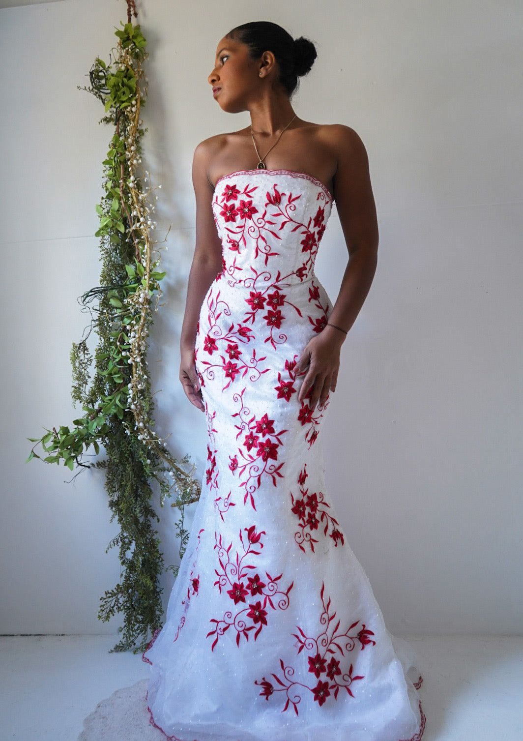 Y2K Strapless Red and White Embroidered Beaded Gown