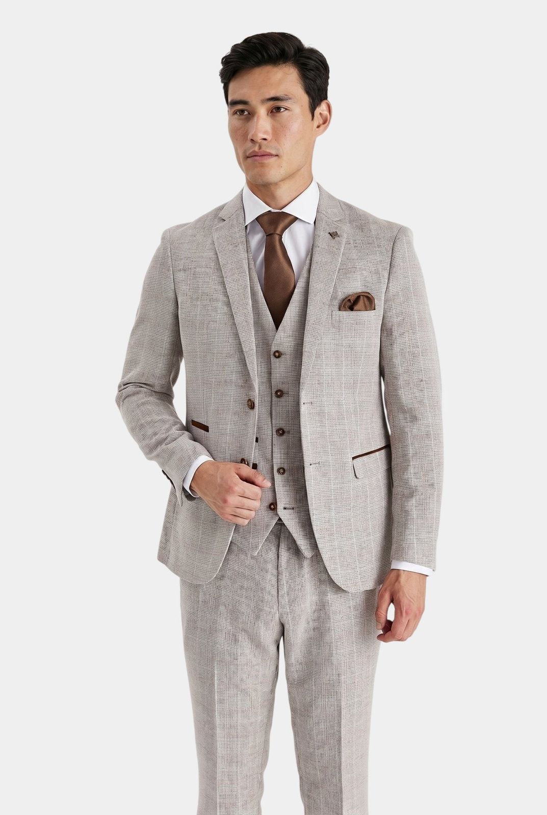 Leo Beige Check Three Piece Suit