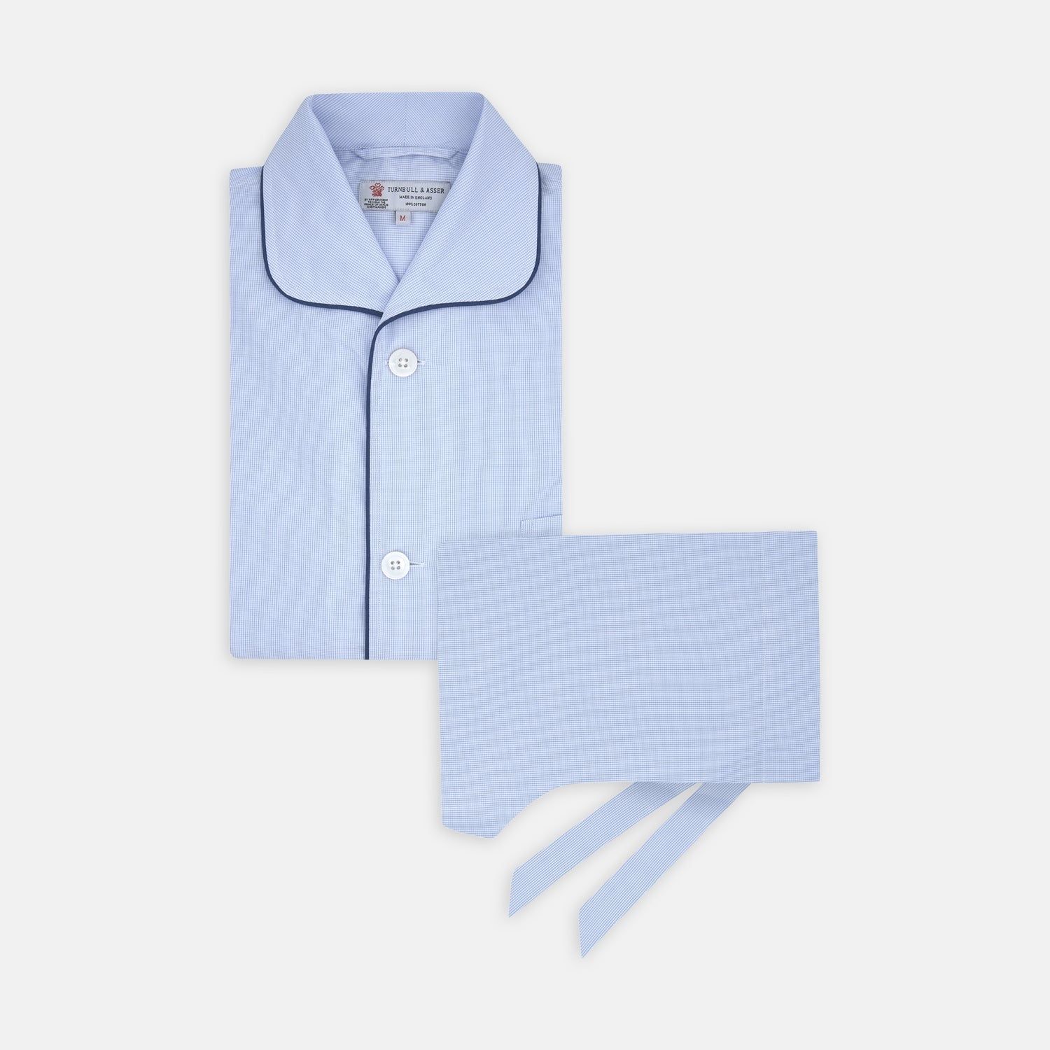 Light Blue Fine Check Piped Cotton Pyjama Set