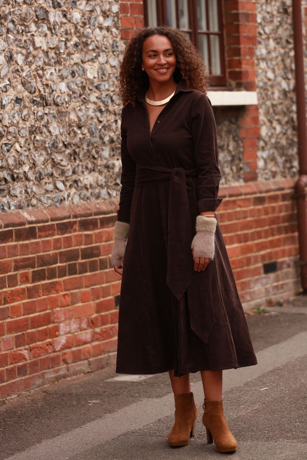 Marigold Corduroy Midi Dress In Chocolate