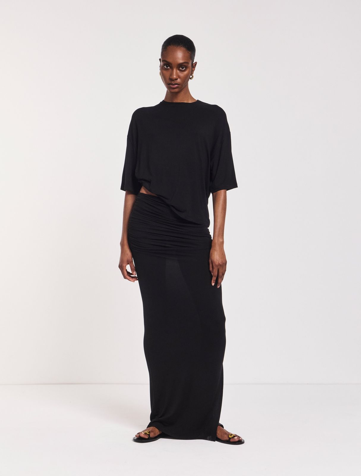 Leah Ruched Maxi Skirt in Black