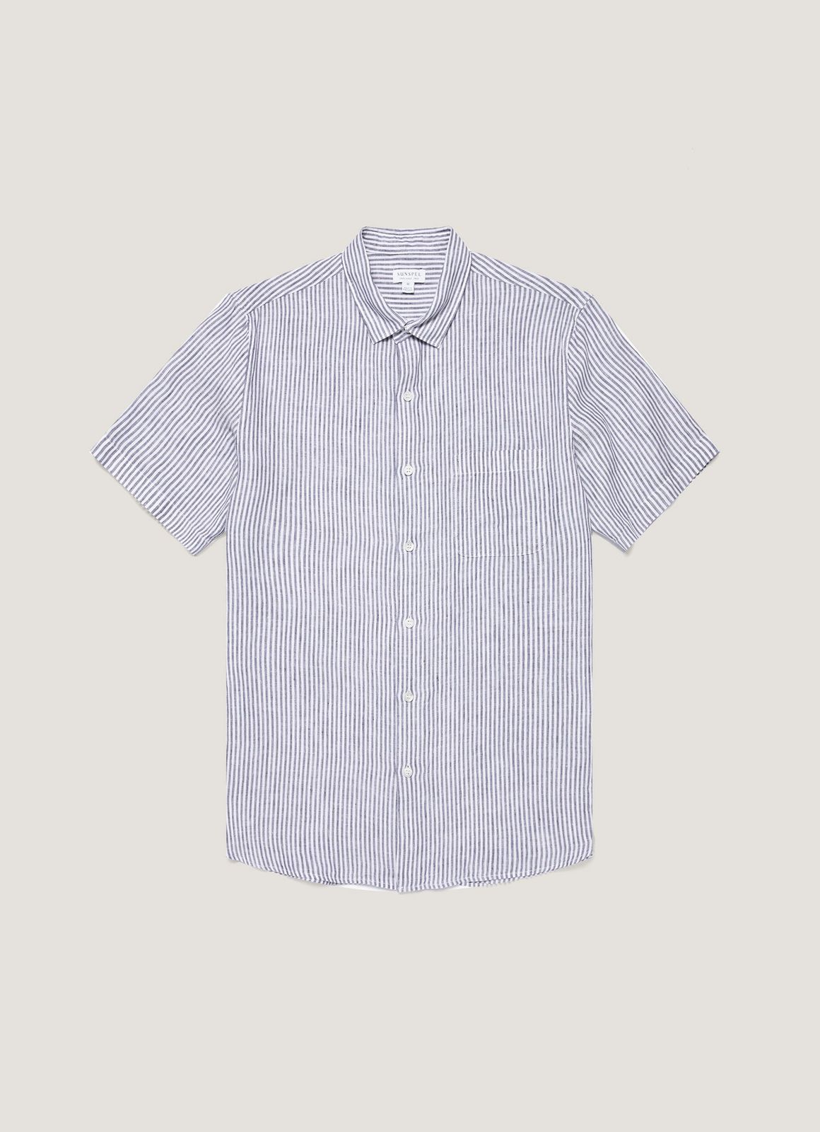 Men's Short Sleeve Linen Shirt in White/Navy