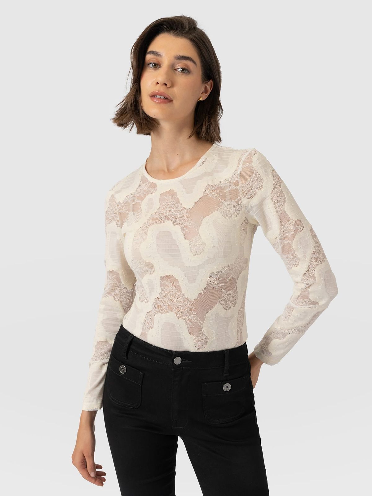 Austen Crew Neck Long Sleeve Tee - Cream Lace