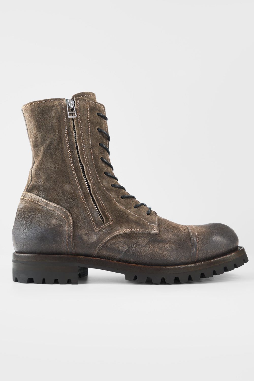 CAMDEN moss-brown suede double-zip military boots.