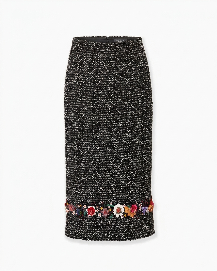 Floral-embroidered Tweed Pencil Skirt