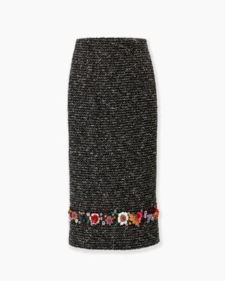 Floral-Embroidered Tweed Pencil Skirt