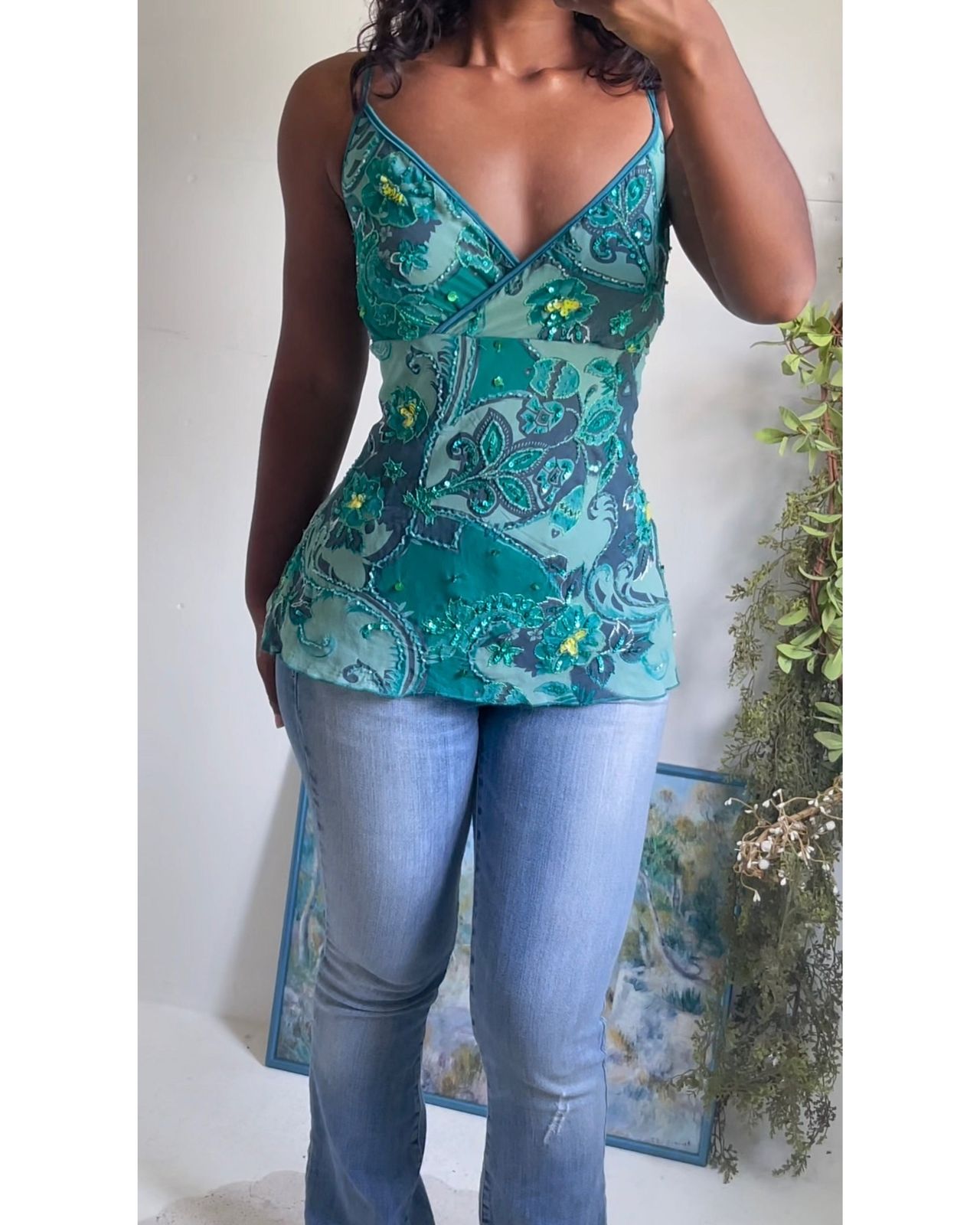 Y2K Paisley Floral Beaded Boho Top