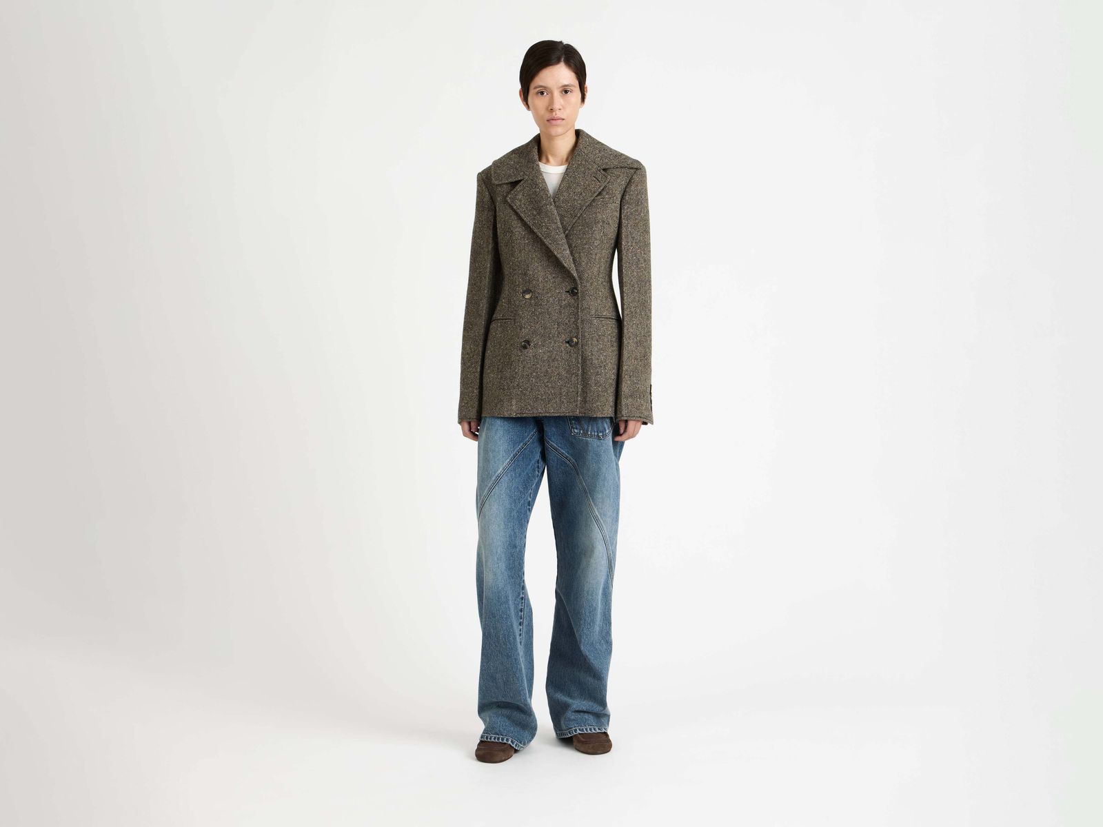 WOMENS FITTED WAIST TAILORED JACKET IN BEIGE & BLACK