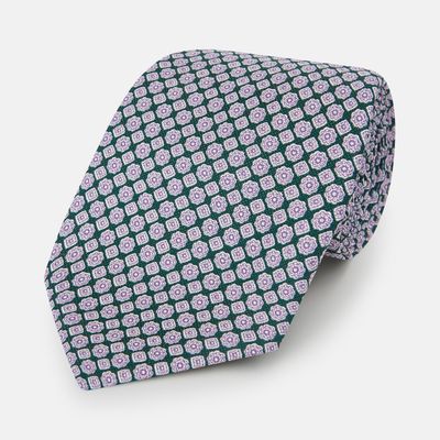 Purple and Forest Green Rosette Medallion Printed Silk Tie