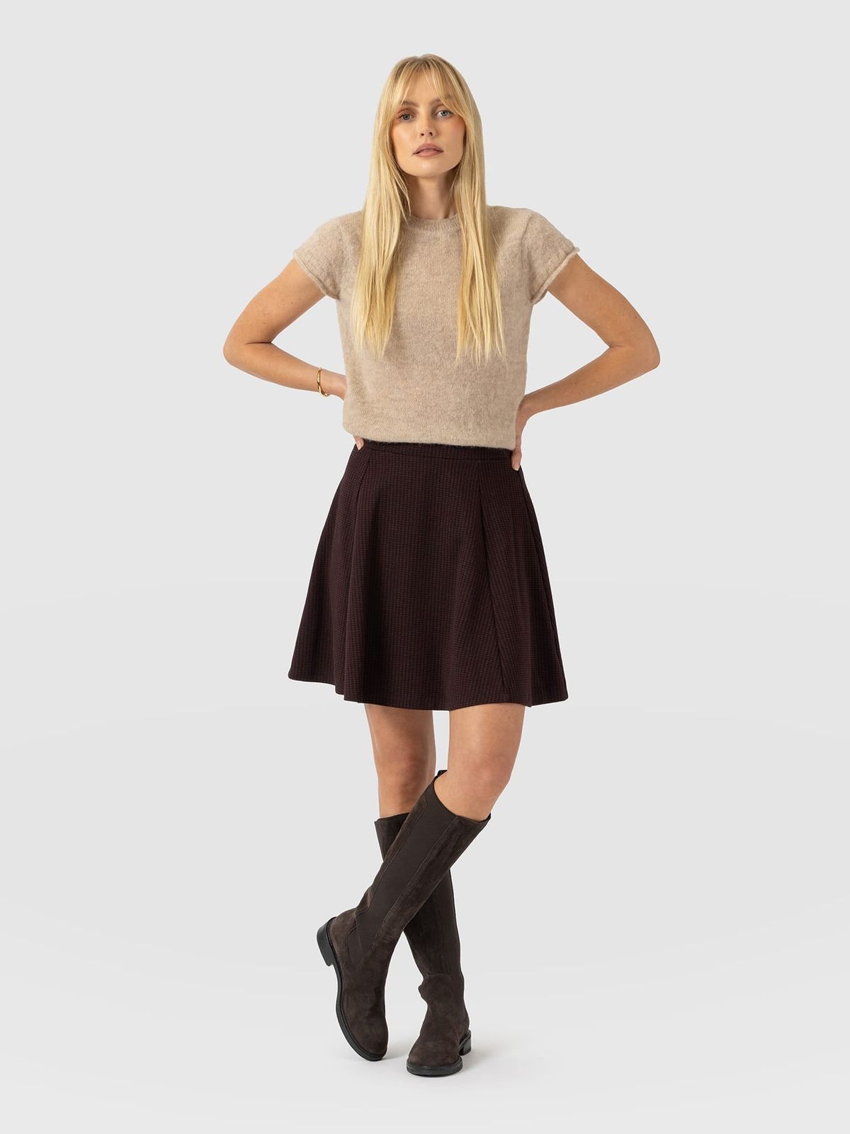 Macie Mini Skirt - Burgundy Mini Houndstooth
