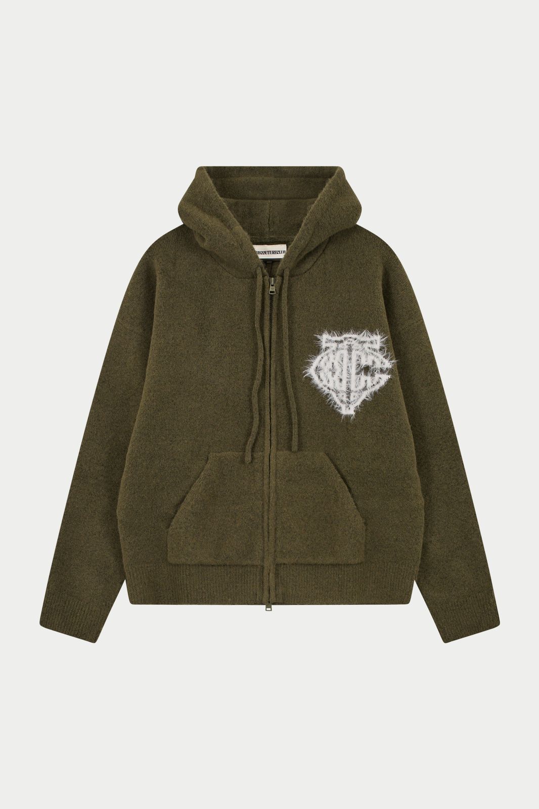 MONOGRAM FLUFFY KNIT ZIP THROUGH HOODIE - KHAKI