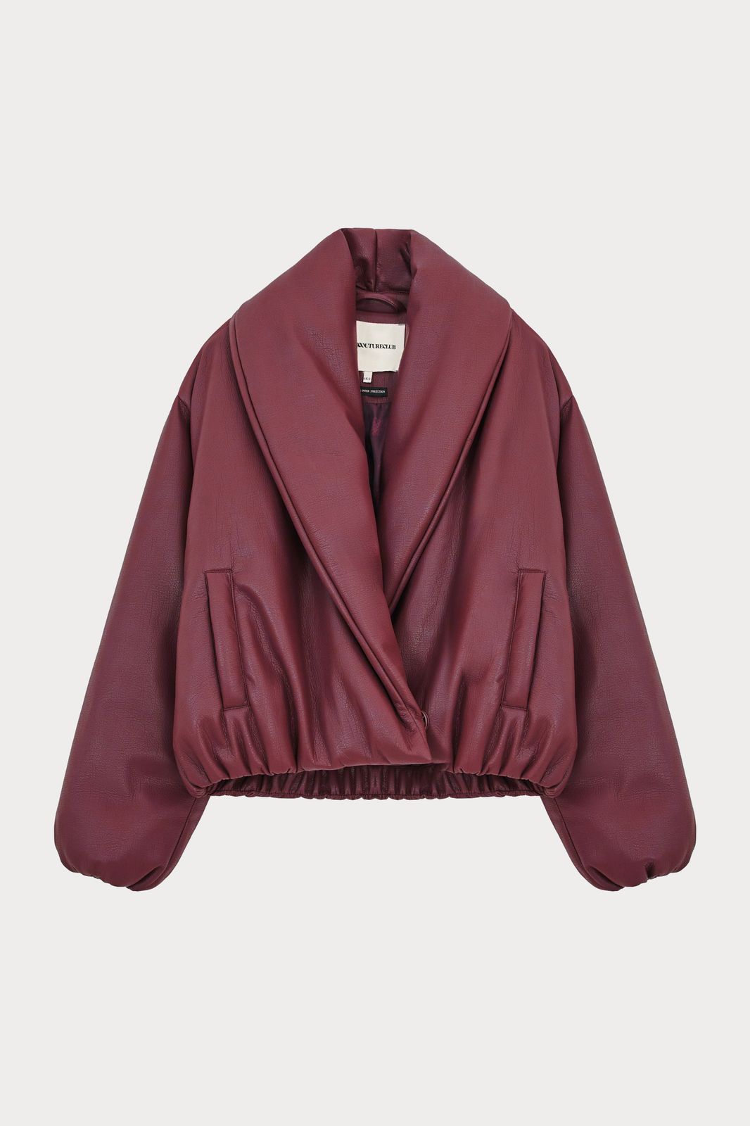 OVERSIZED COLLAR FAUX LEATHER PUFFER COAT - BURGUNDY