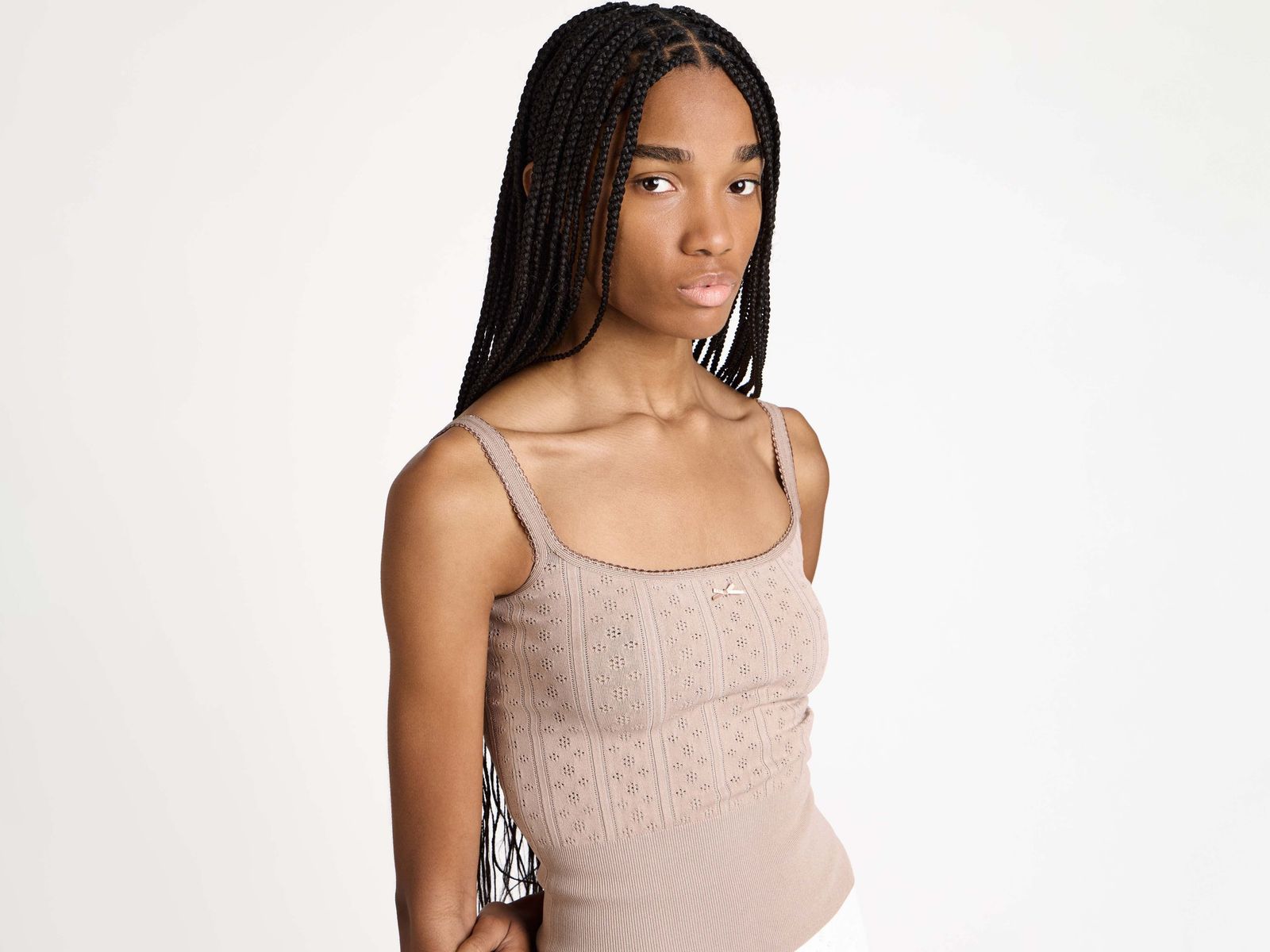 WOMENS KNITTED POINTELLE CAMI TOP IN TAUPE