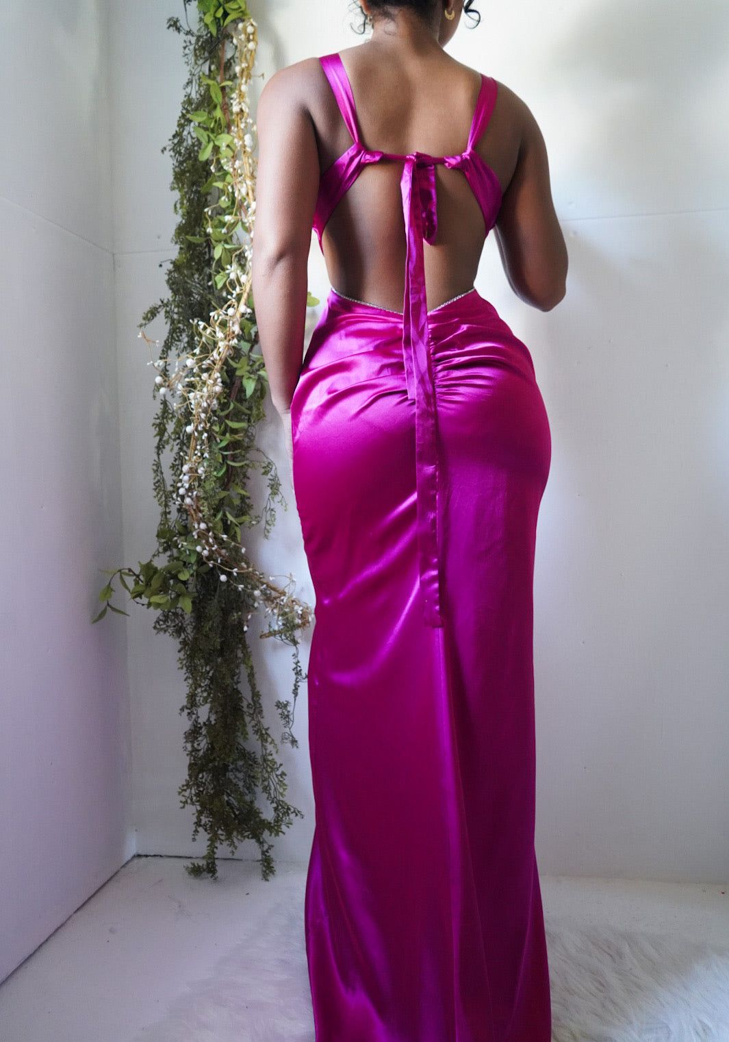 Y2K Fuchsia Low Back Satin Gown