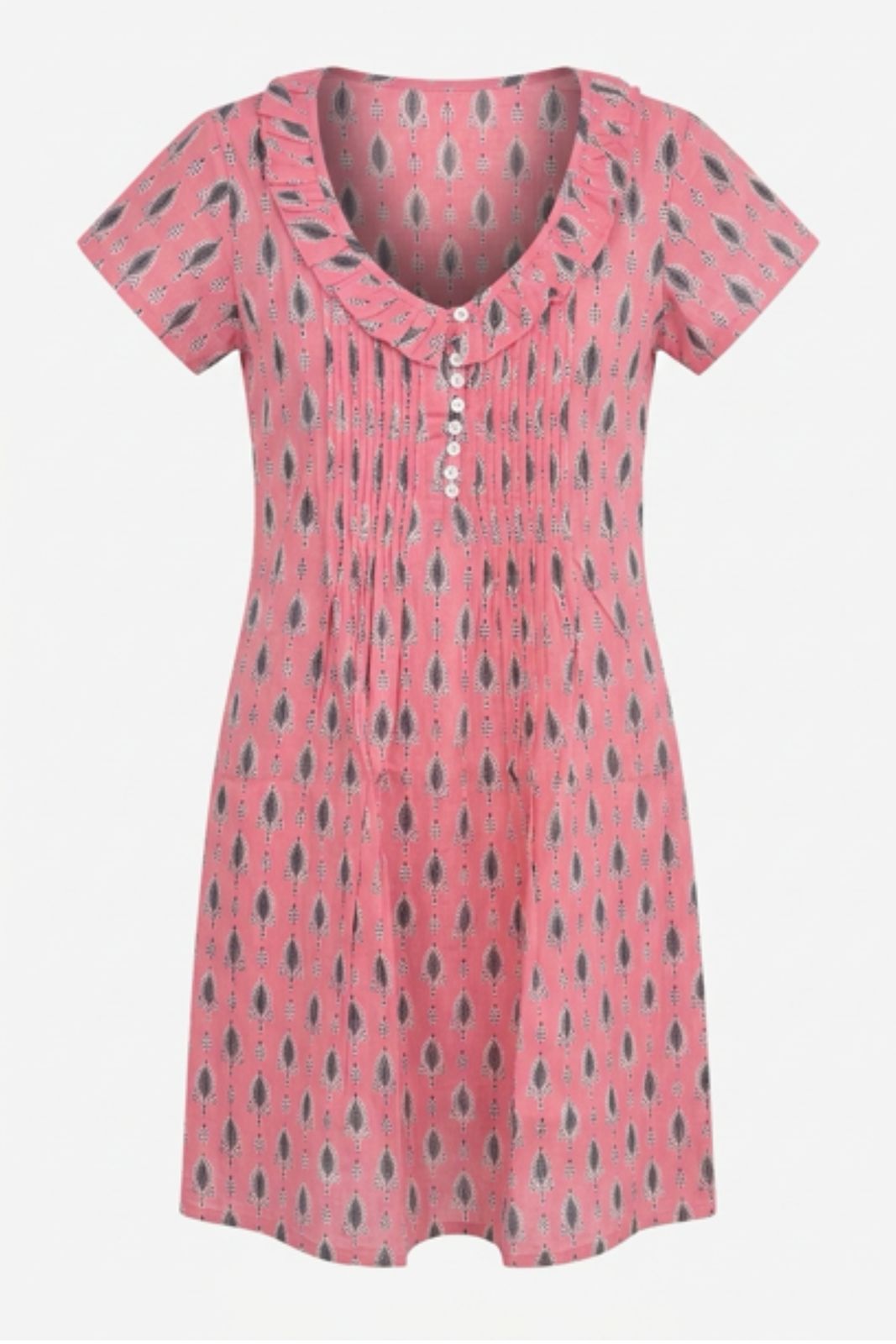 Cotton Karen Short Sleeve Day Dress In Pink With Grey Leaf