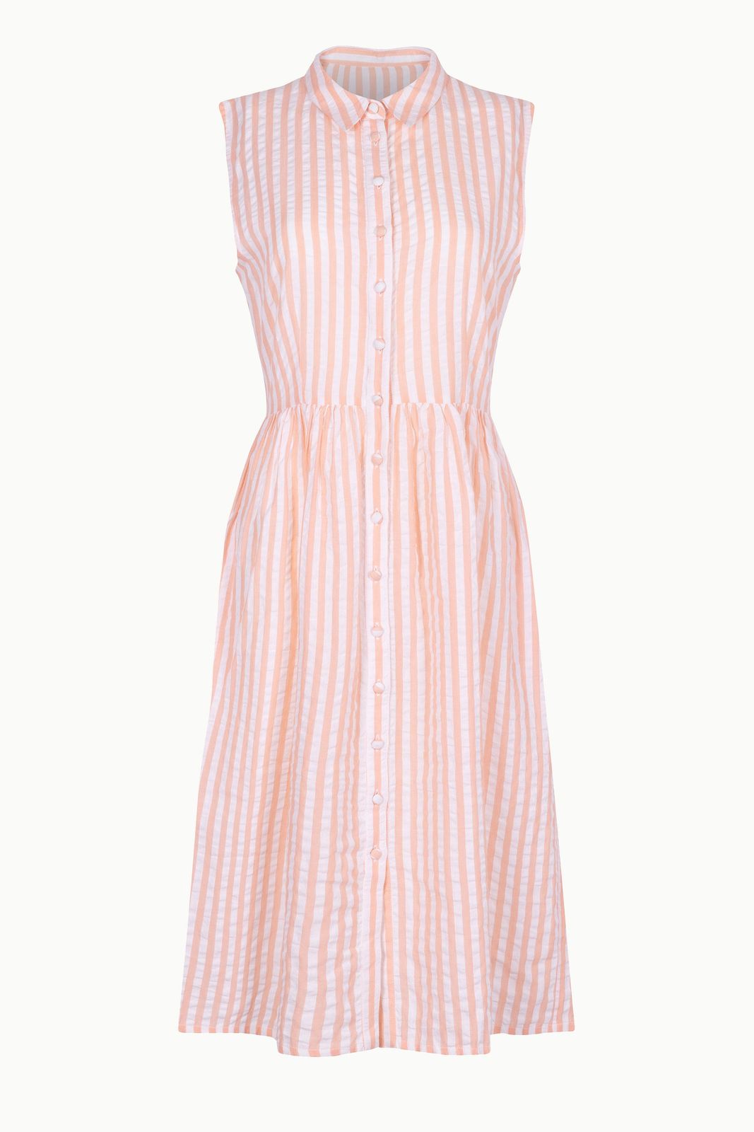 The Kōr Shirt Dress Coral Stripe made from Deadstock Fabric