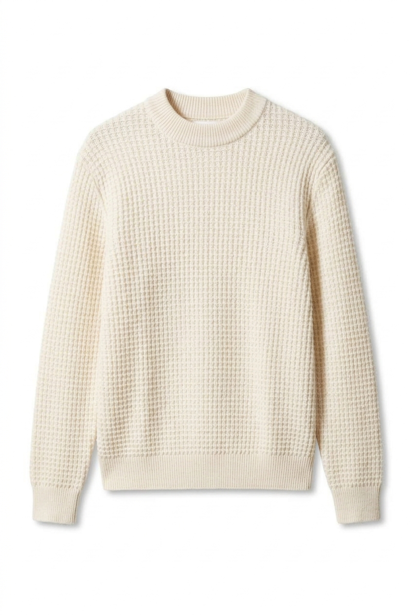 Textured Cotton Wool Mock Neck Sweater - Cream