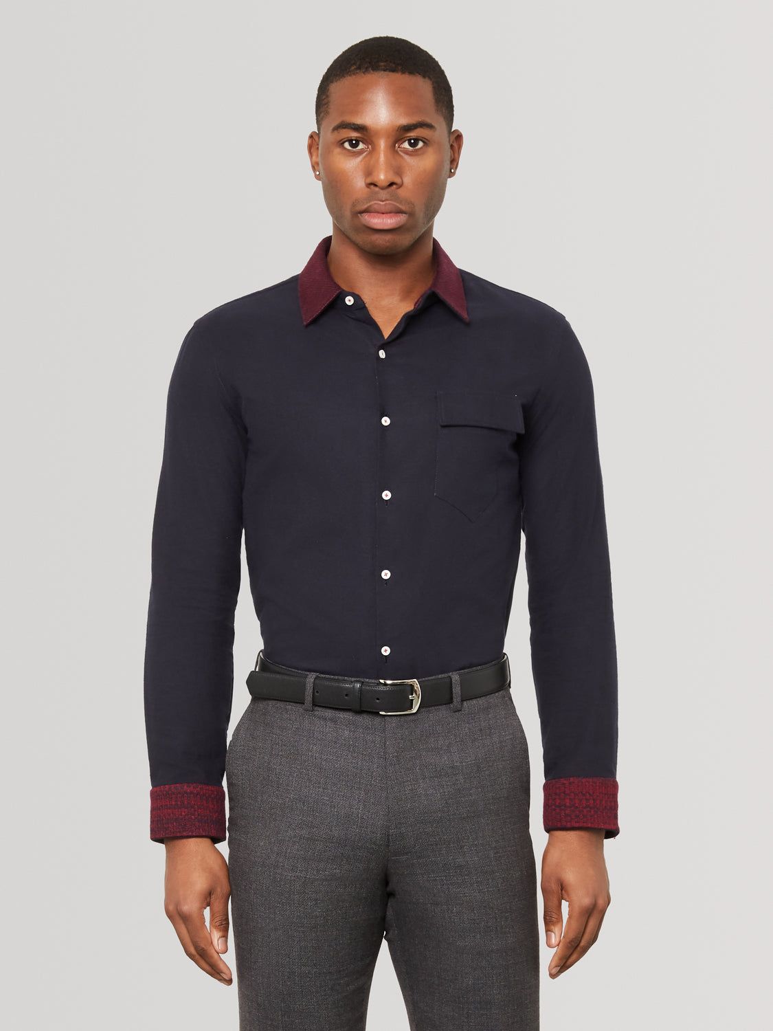 Rose Knit Collar Navy Shirt