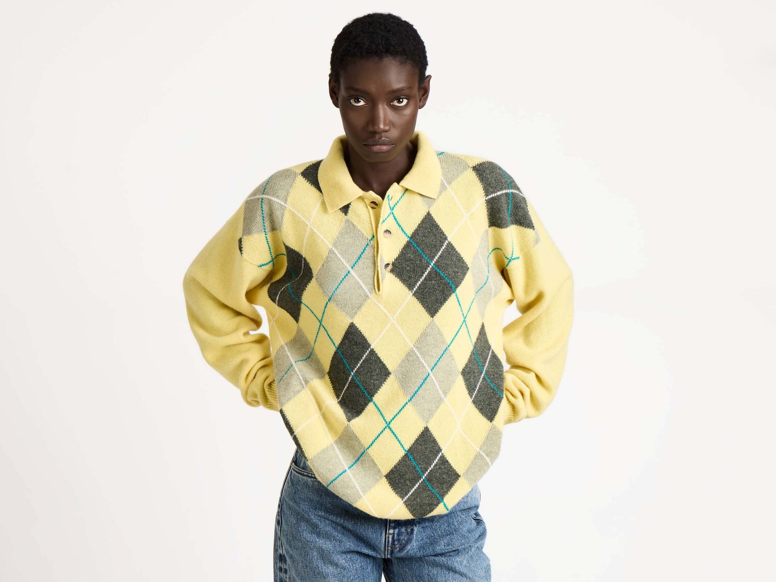 WOMENS JW ANDERSON X PRINGLE KNITTED ARGYLE POLO TOP IN SOFT YELLOW