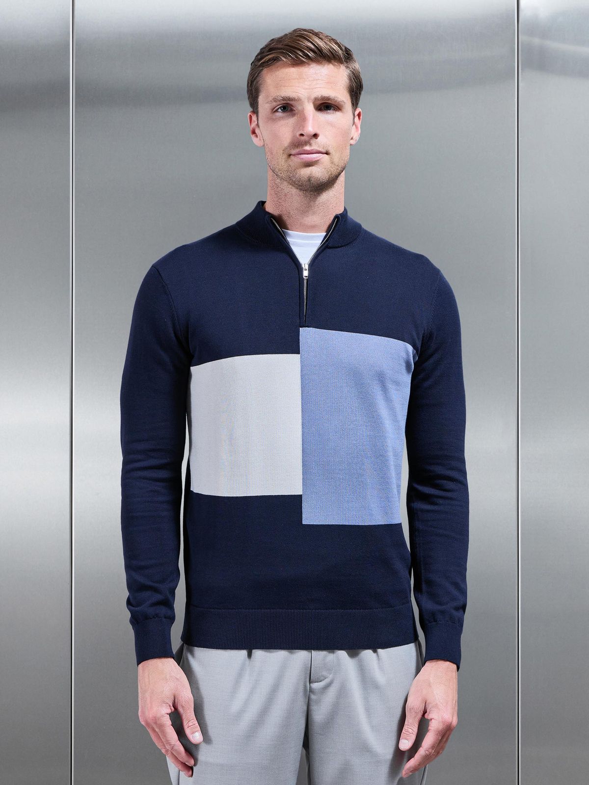 Cotton Knitted Colour Block Half Zip in Navy
