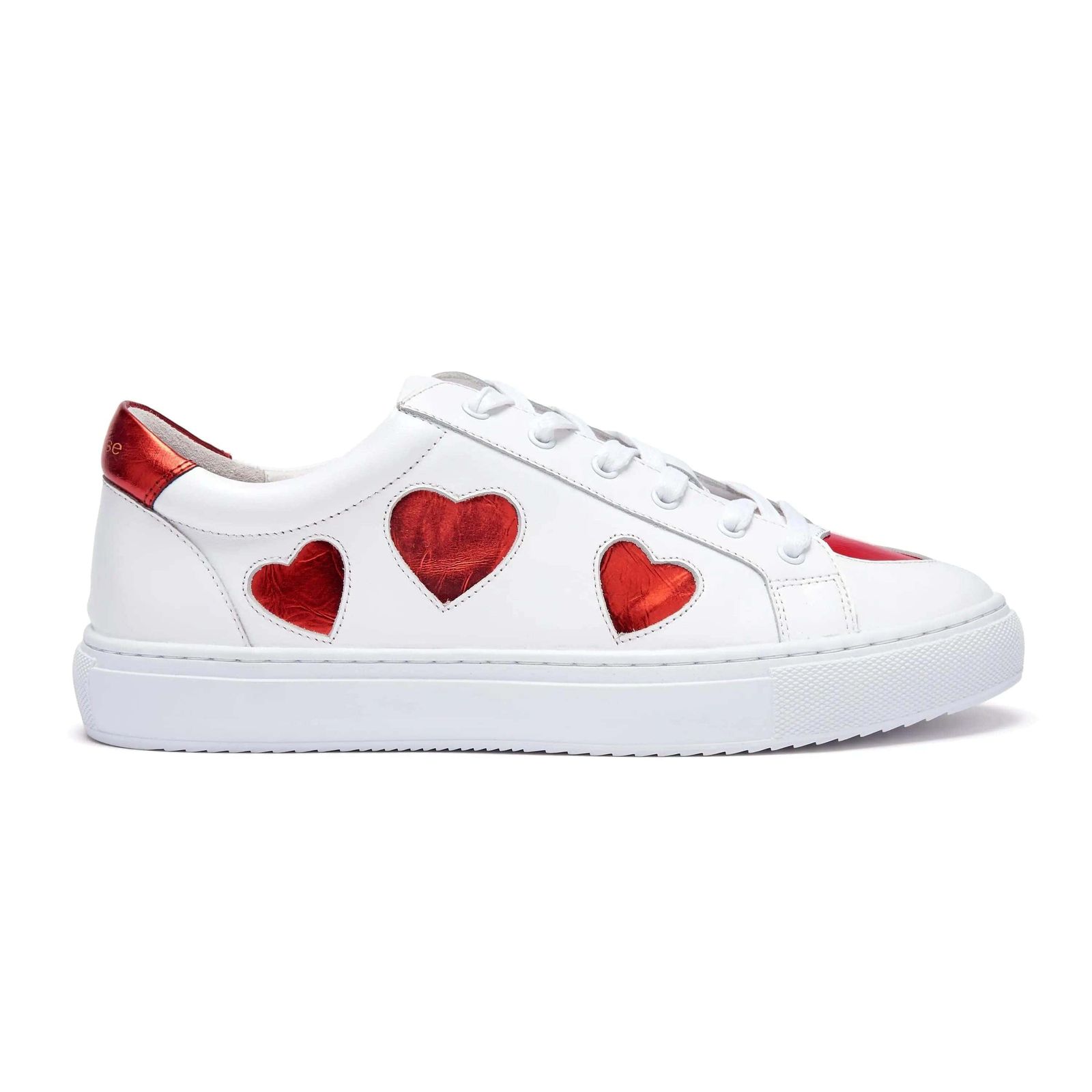 Hoxton - White Leather Trainers with Red Hearts