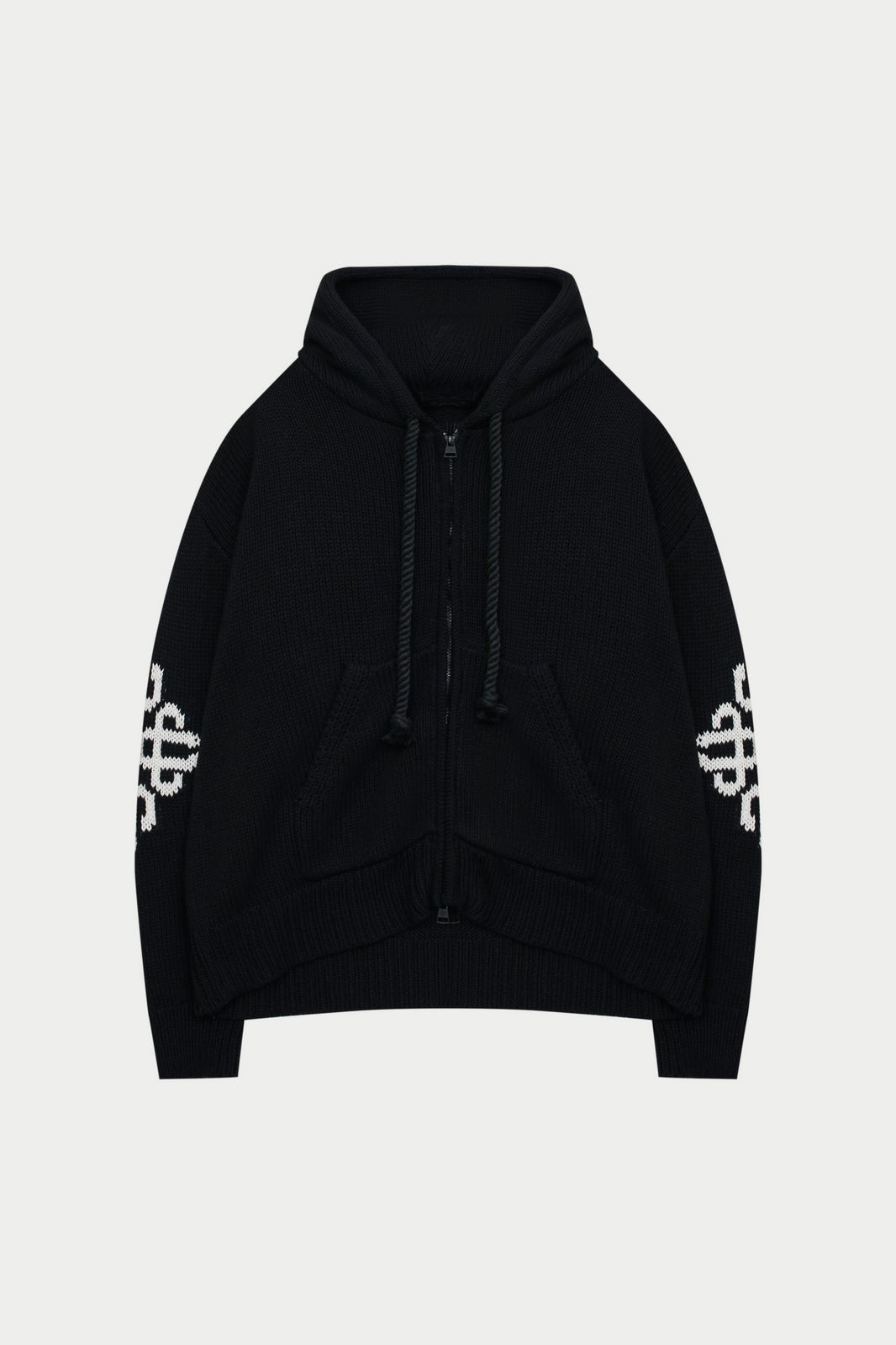CHUNKY KNIT EMBLEM ZIP THROUGH HOODIE - BLACK