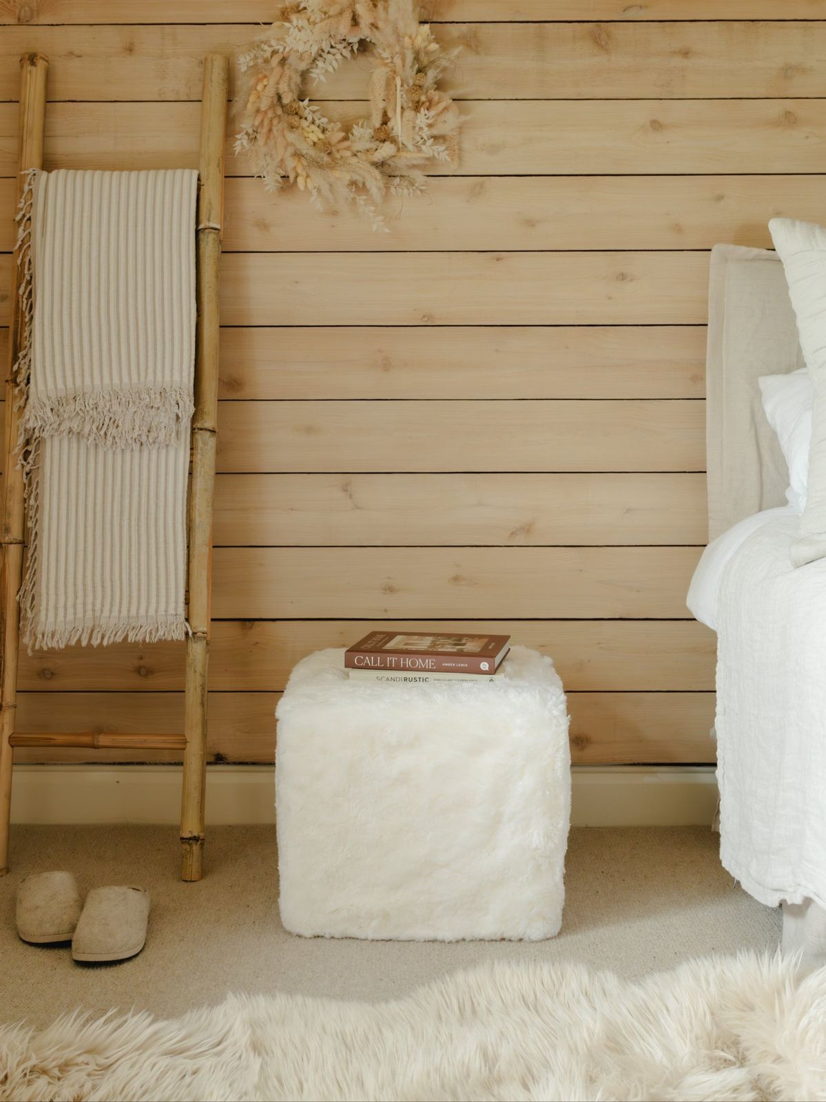 Square Shearling Pouffe - White