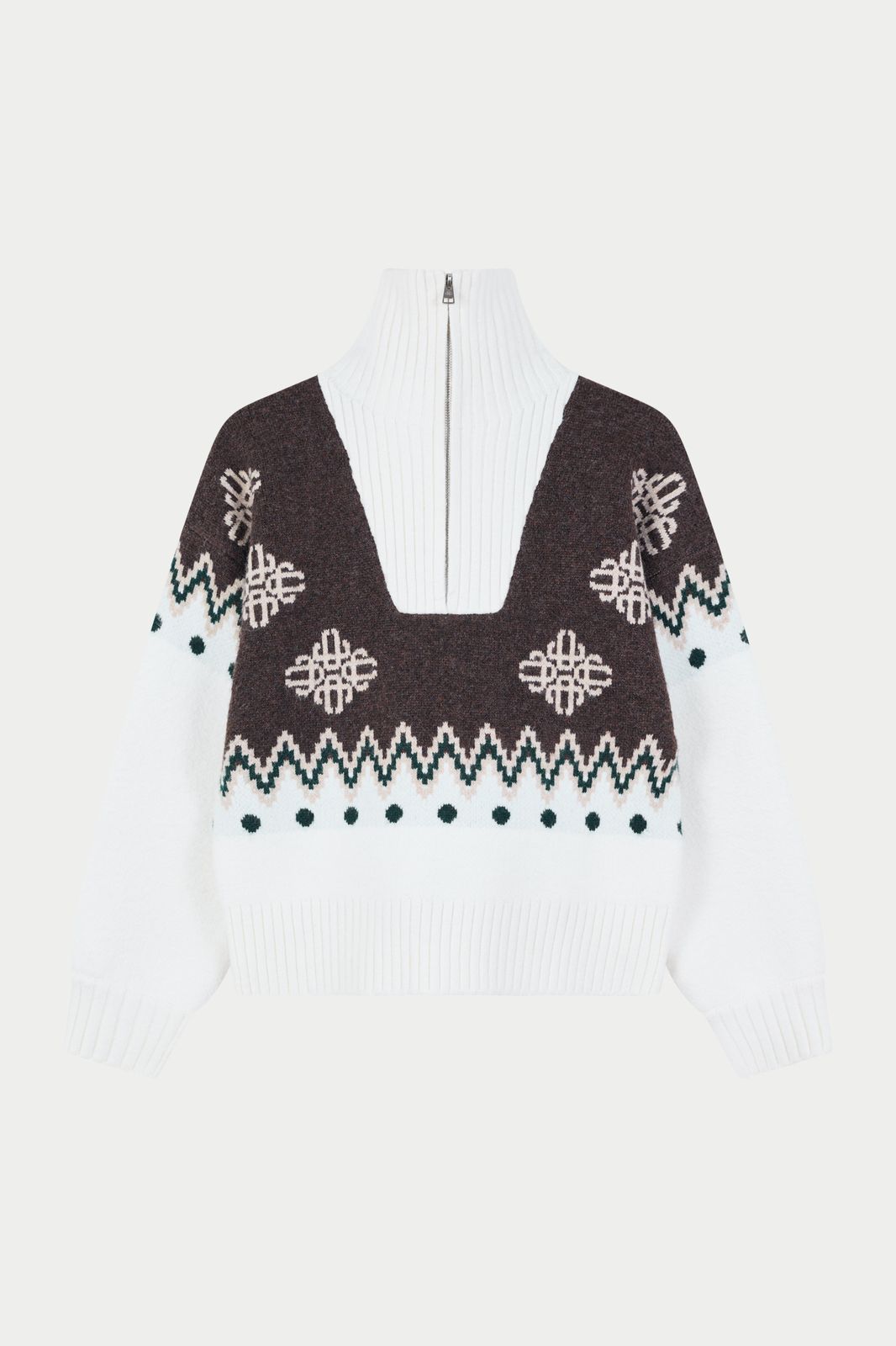 FAIR ISLE FUNNEL NECK QUARTER ZIP - BEIGE