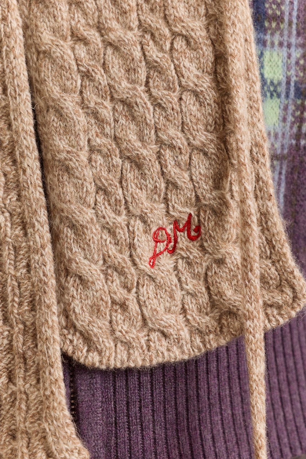 Hooded Pom Pom Wool Scarf - Oatmeal Marl
