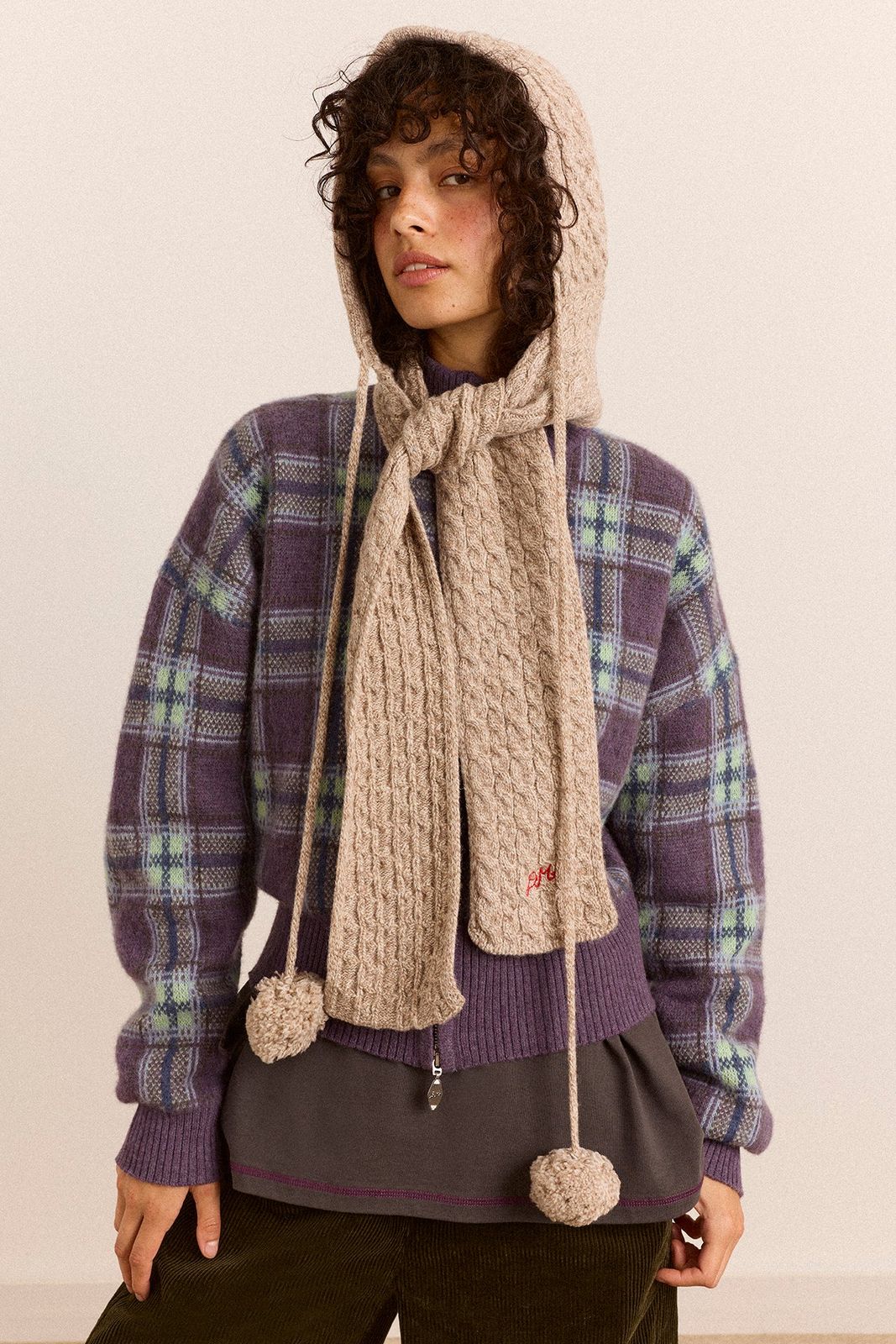 Hooded Pom Pom Wool Scarf - Oatmeal Marl